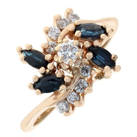14K Yellow Gold Dark Blue Sapphire and Diamond Bypass Ring