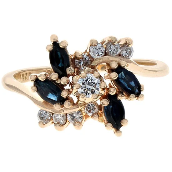 14K Yellow Gold Dark Blue Sapphire and Diamond Bypass Ring - Image 2