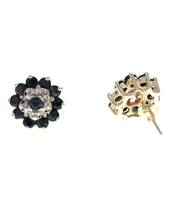 Dark Blue Sapphire and Diamond Double Halo Earrings in White and Yellow Gold - Image 2