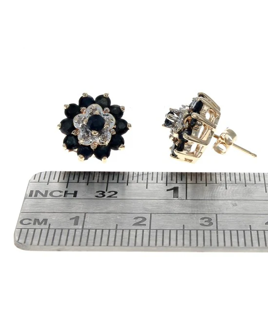 Dark Blue Sapphire and Diamond Double Halo Earrings in White and Yellow Gold - Image 3