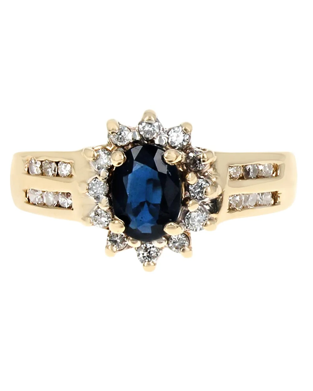 Dark Blue Sapphire and Diamond Halo Ring in Yellow Gold - Image 2