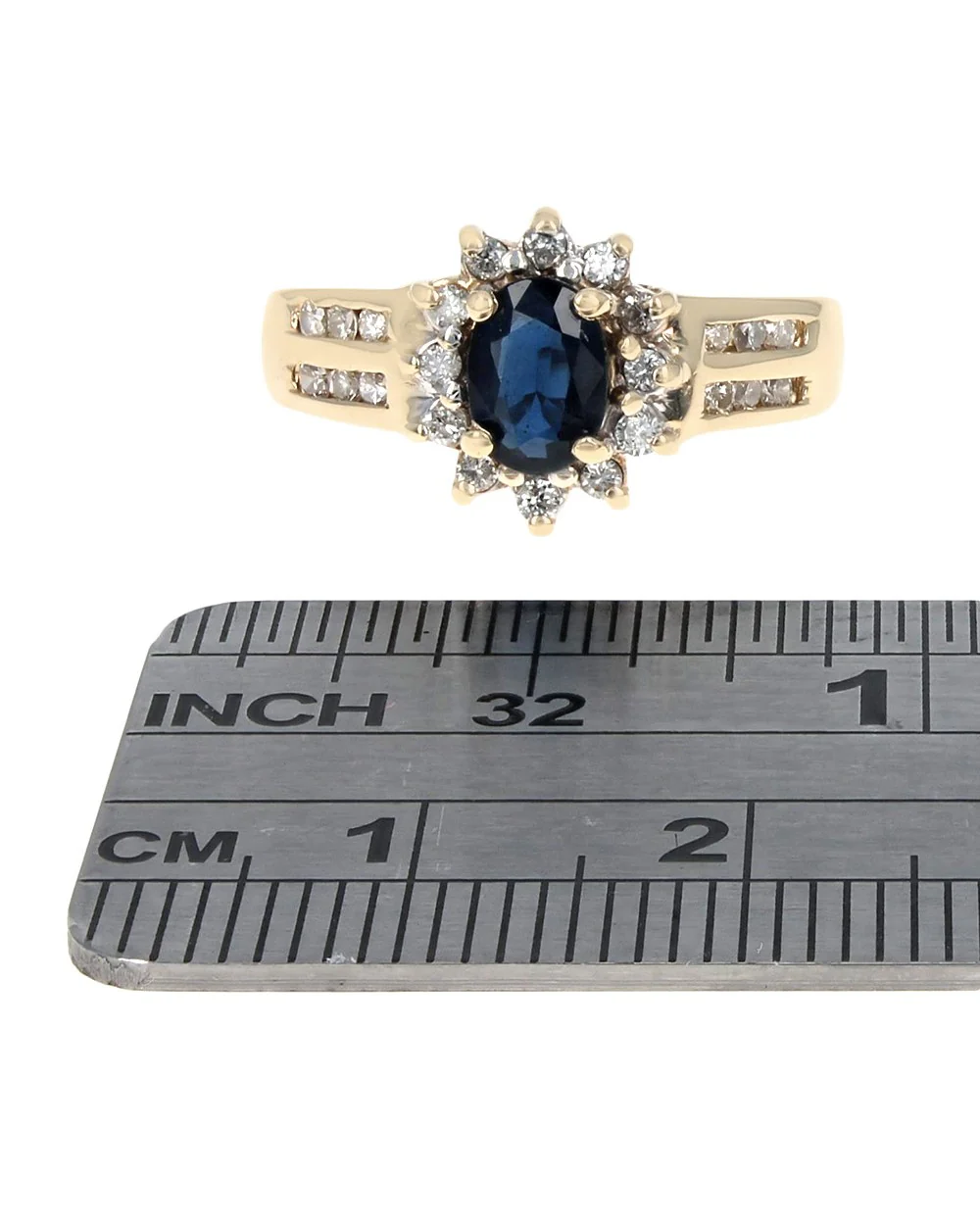Dark Blue Sapphire and Diamond Halo Ring in Yellow Gold - Image 3
