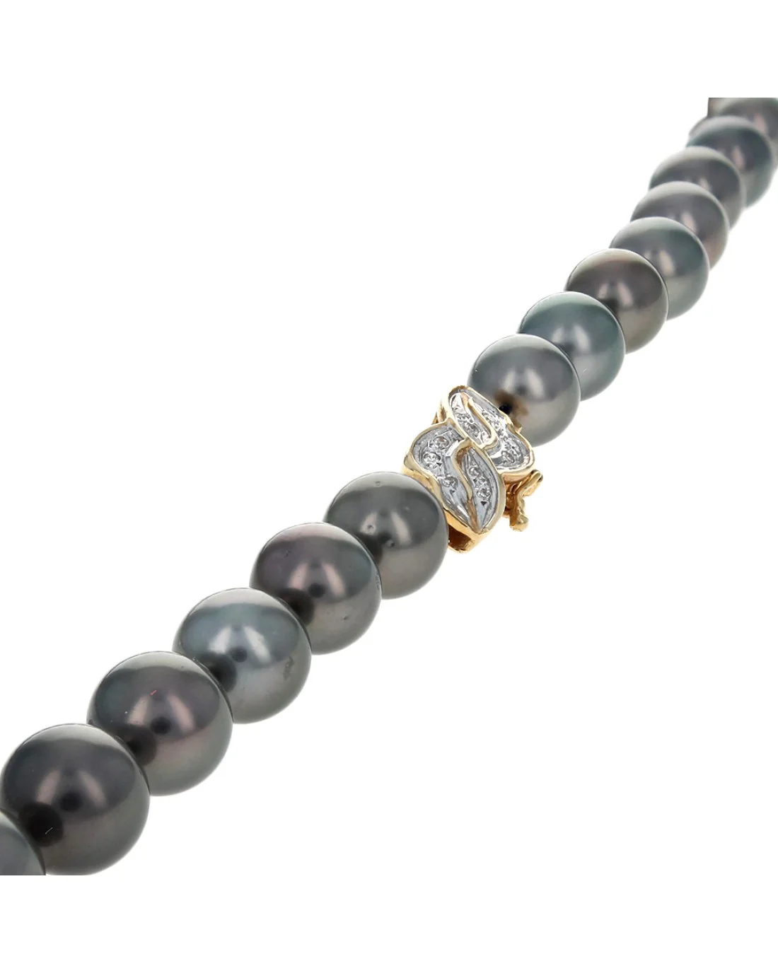 Dark Gray Tahitian Pearl Necklace with Diamond Leaf Clasp - Image 2