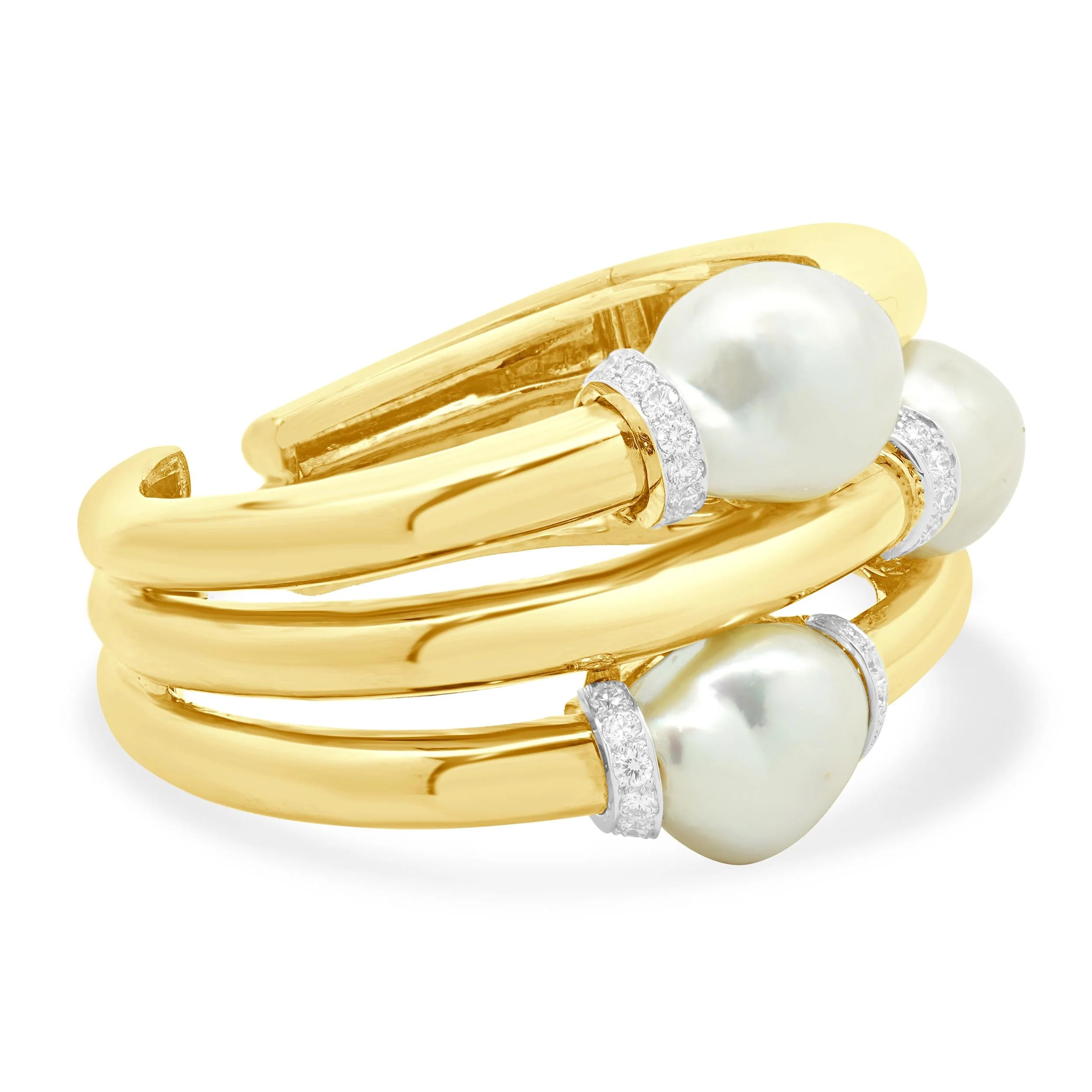 David Webb 18K Yellow Gold & Platinum Baroque Pearl and Diamond Hinged Cuff Bracelet - Image 3
