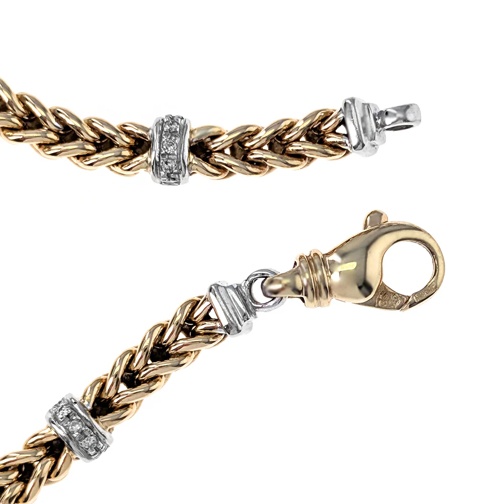 David Yurman 14K Two-Tone Yellow and White Gold Round Diamond Station Wheat Chain Bracelet - Image 3