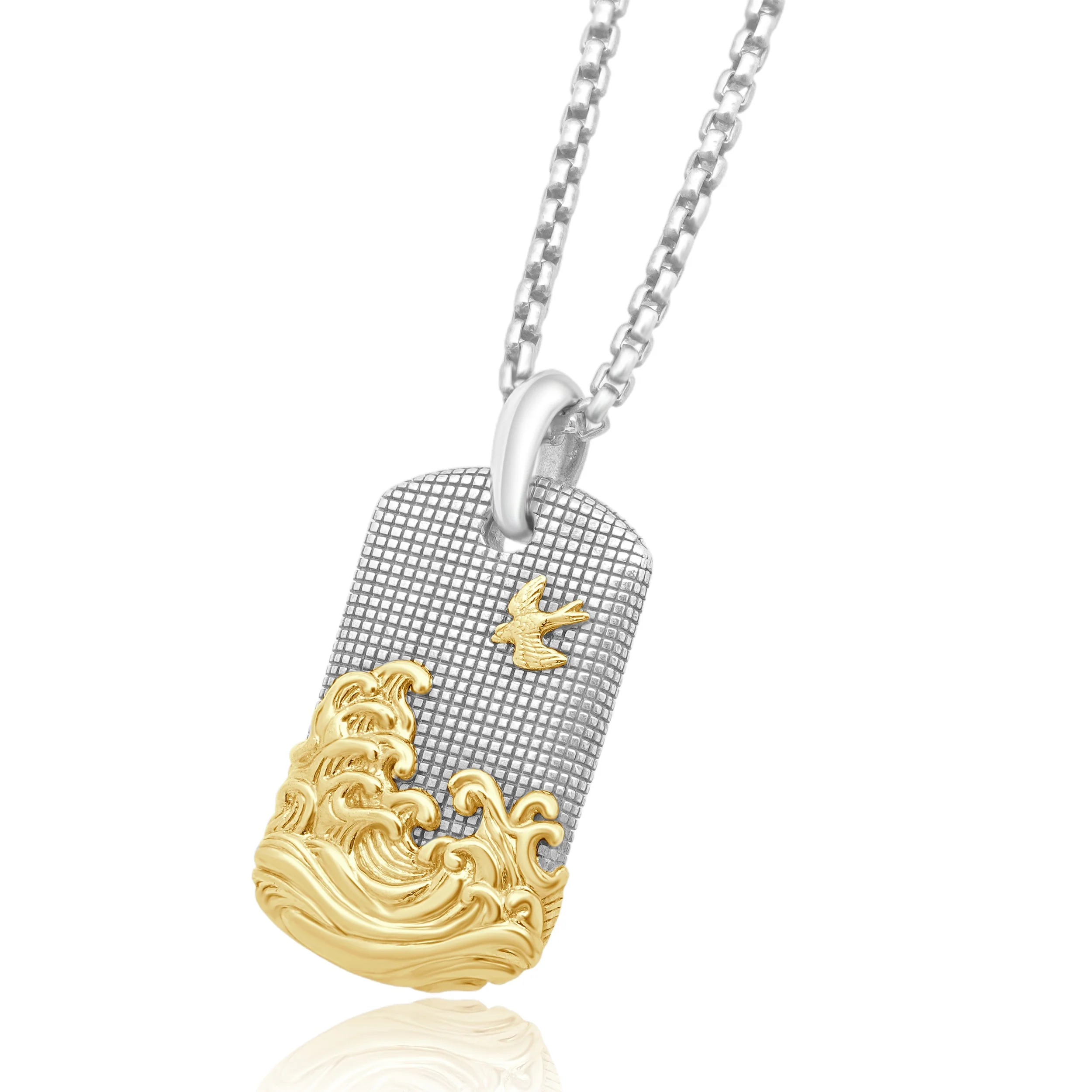 David Yurman Sterling Silver & 18 Karat Yellow Gold Waves Tag Necklace - Image 2