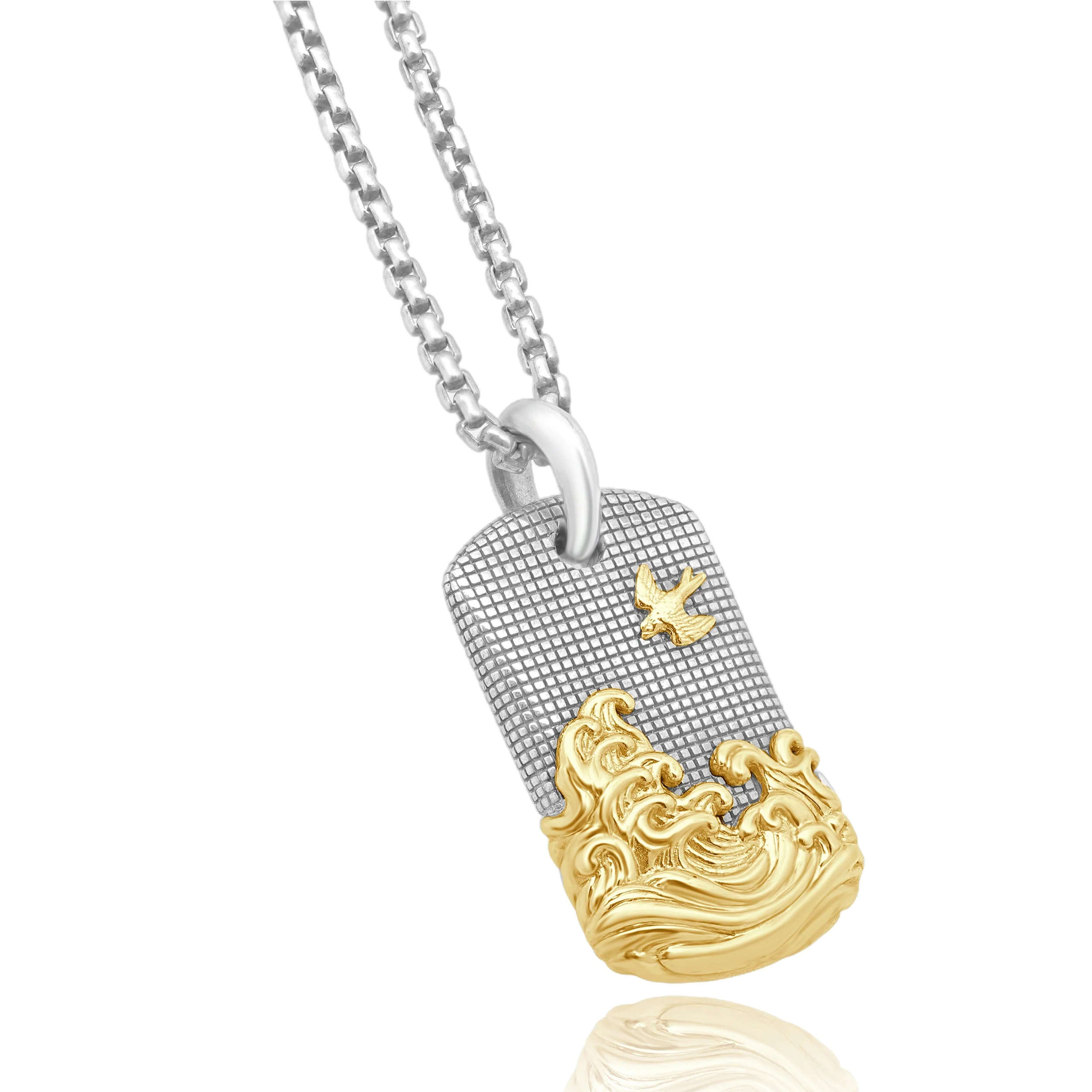 David Yurman Sterling Silver & 18 Karat Yellow Gold Waves Tag Necklace - Image 3