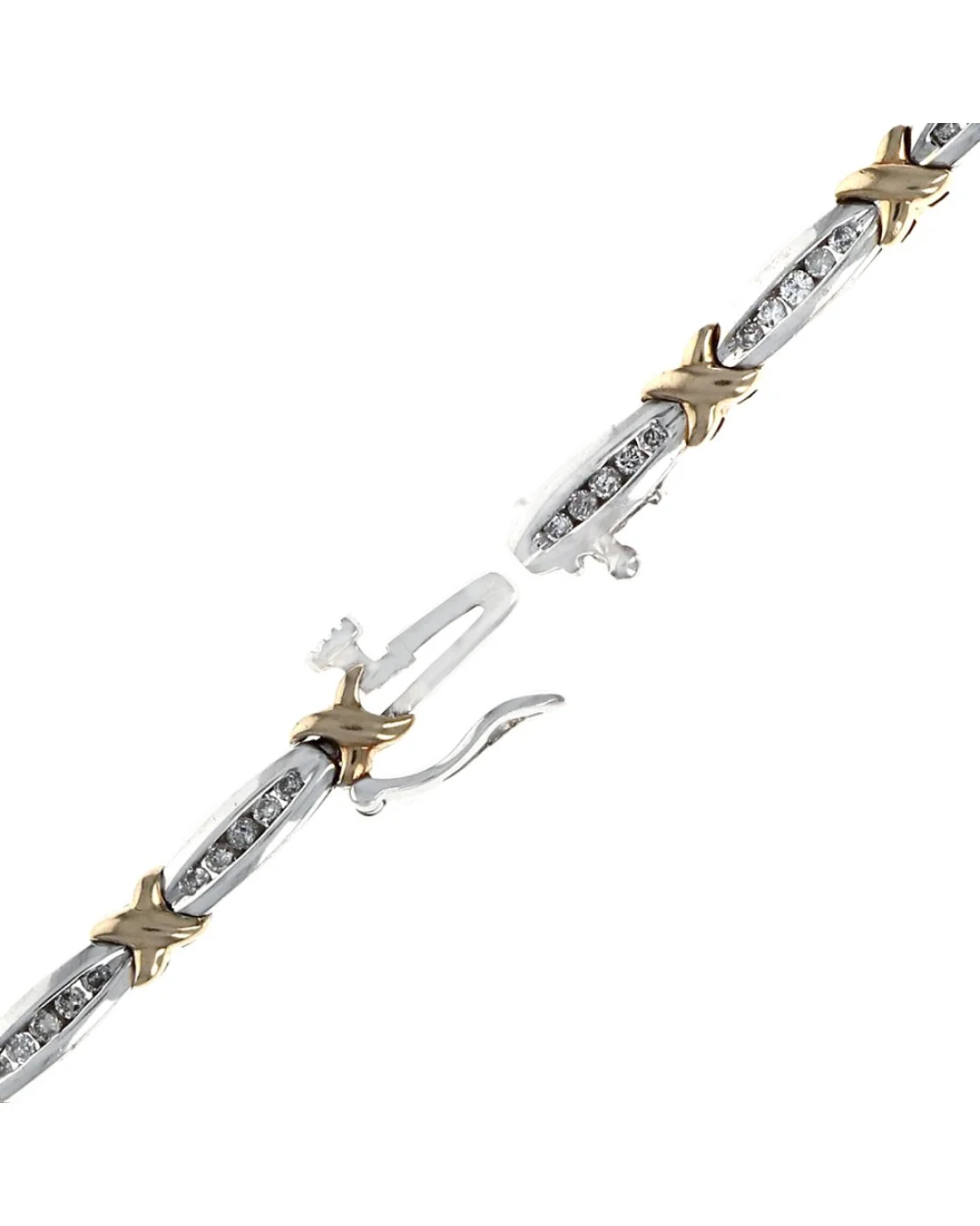 Diamond Alternating Elongated Oval and X Link Bracelet in White and Yellow Gold - Image 2