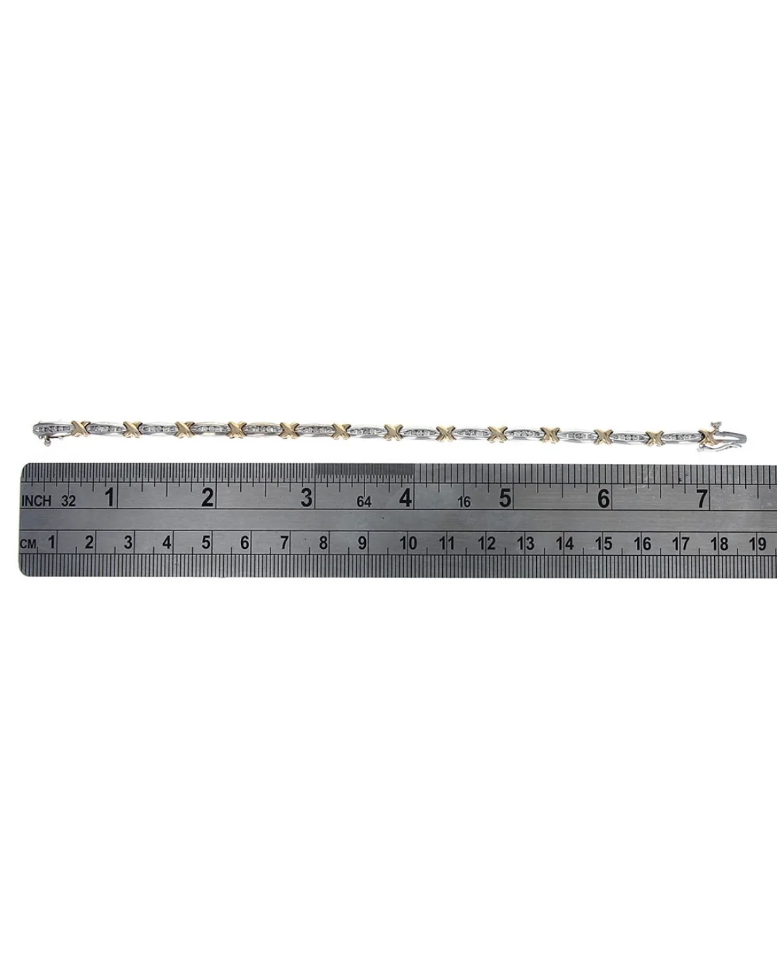 Diamond Alternating Elongated Oval and X Link Bracelet in White and Yellow Gold - Image 3