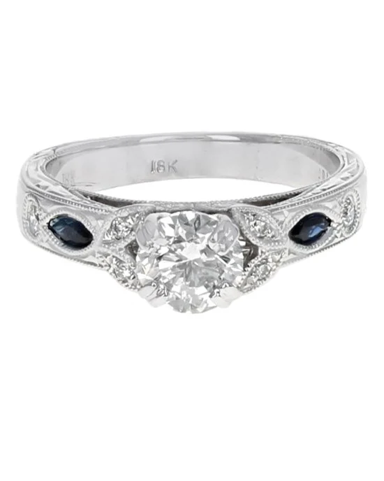 Diamond and Blue Sapphire Accent Engagement Ring in White Gold - Image 2