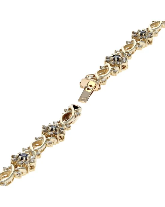 Diamond and Blue Sapphire Crossover Flower Link Bracelet in White Gold - Image 2
