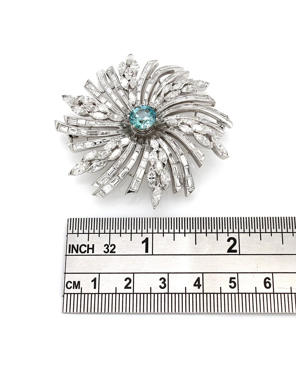 Diamond and Blue Zircon Brooch Pin in Platinum - Image 3