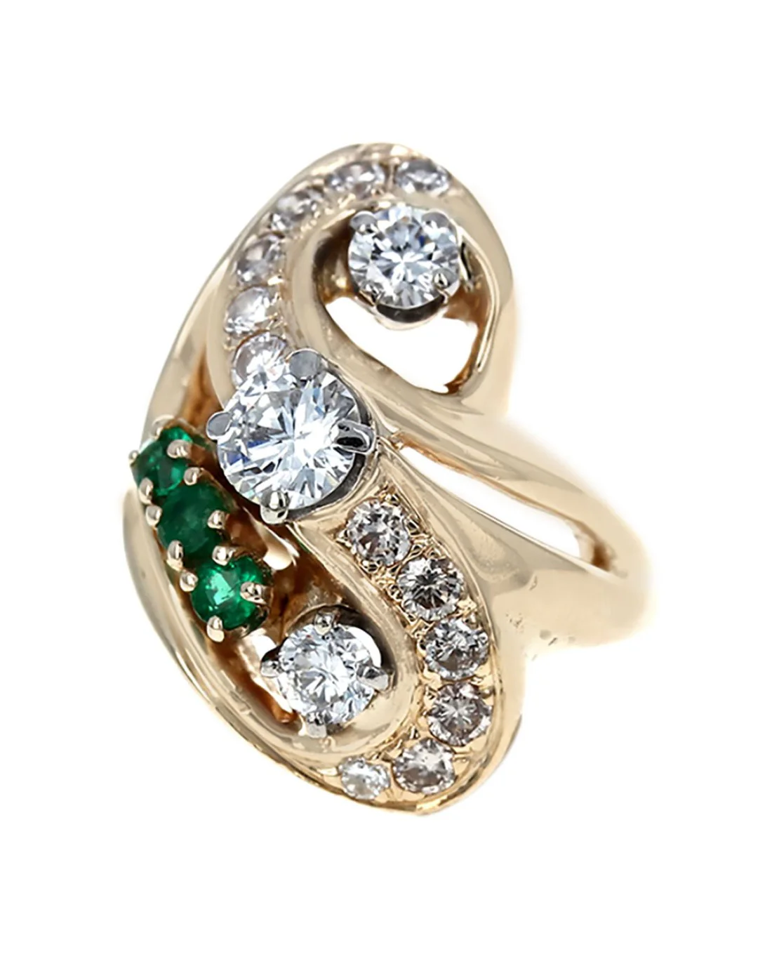 Diamond and Emerald Swirl Ring in Gold - Image 2