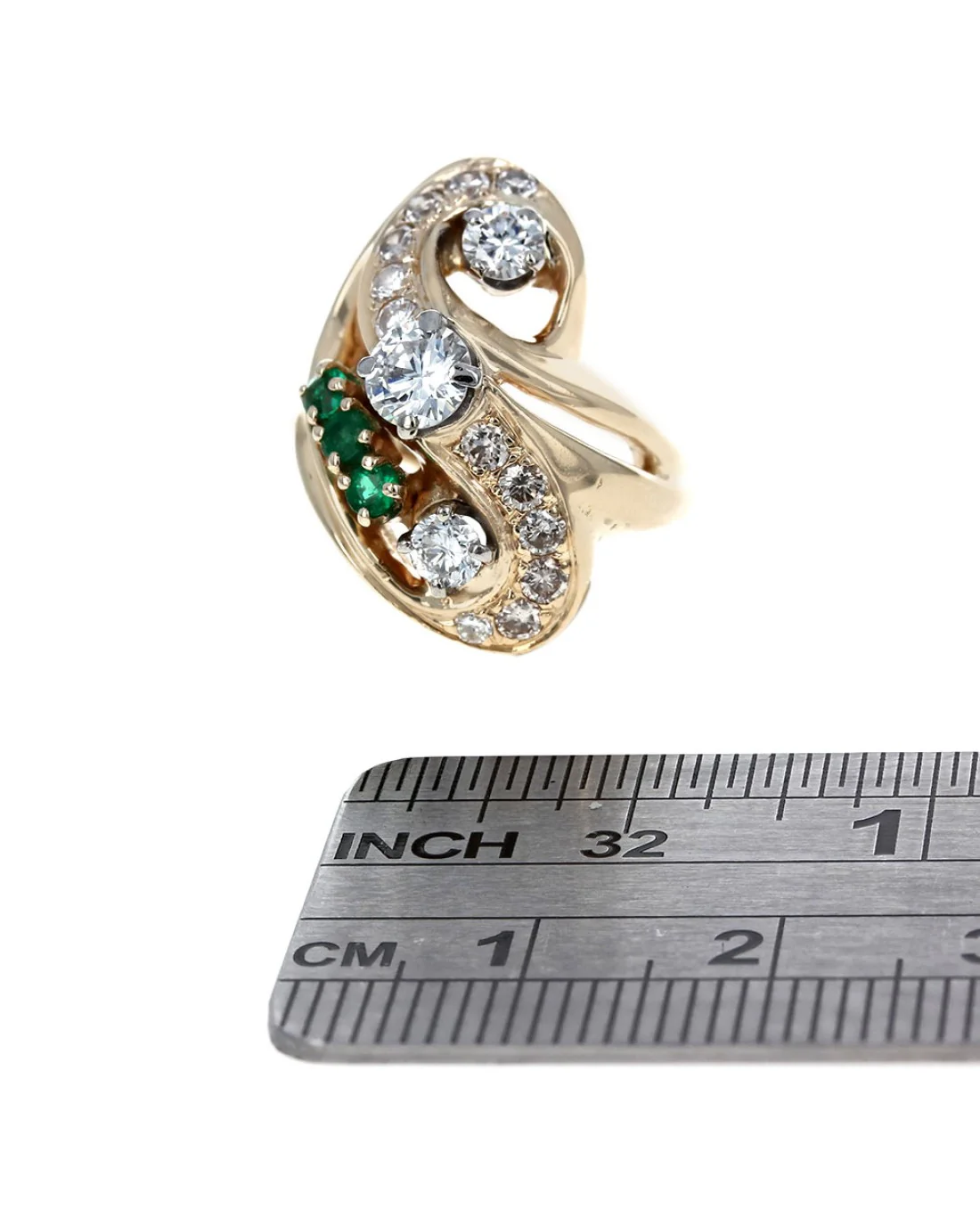 Diamond and Emerald Swirl Ring in Gold - Image 3
