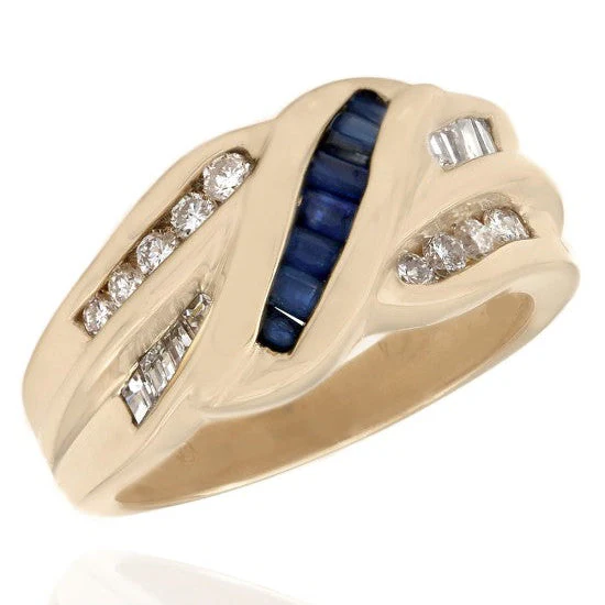 14K Yellow Gold Diamond and Blue Sapphire Crossover Ring