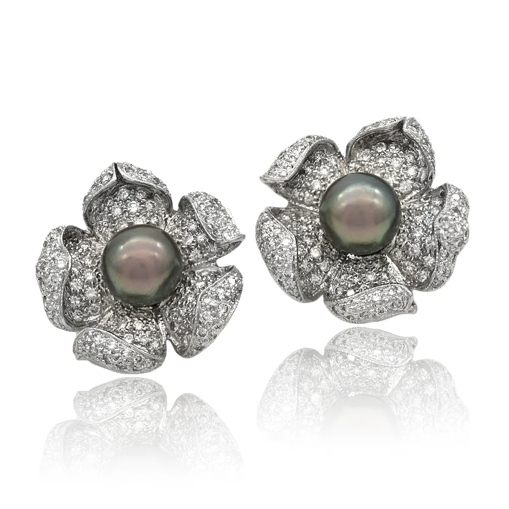 Diamond and Tahitian Black Pearl Flower Motif Earrings