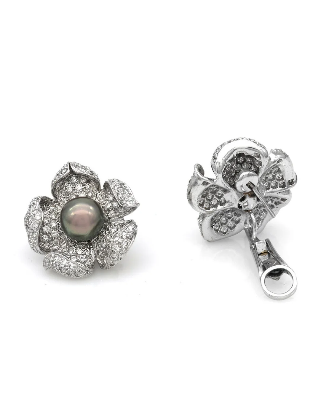 Diamond and Tahitian Black Pearl Flower Motif Earrings - Image 2