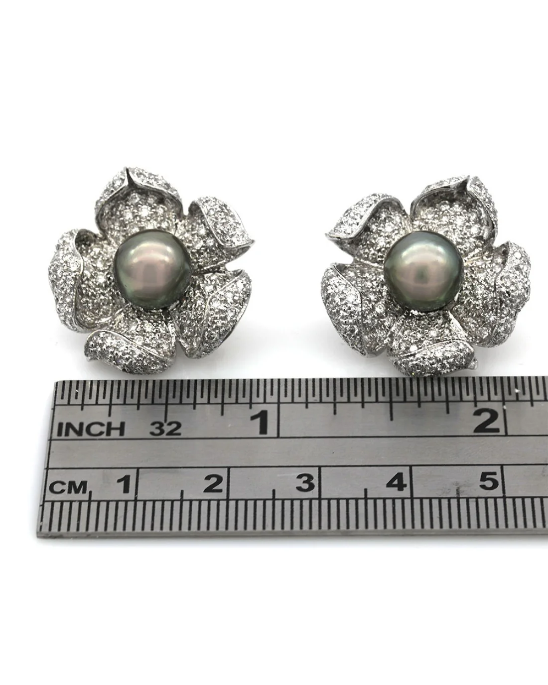 Diamond and Tahitian Black Pearl Flower Motif Earrings - Image 3