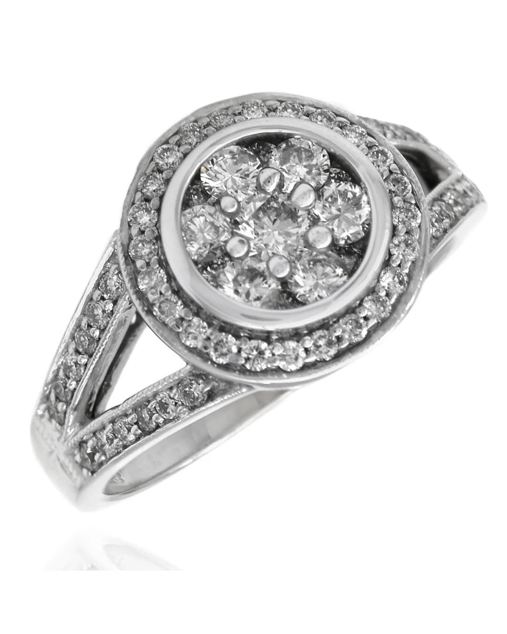 Diamond Cluster Halo Split Shank Ring in White Gold