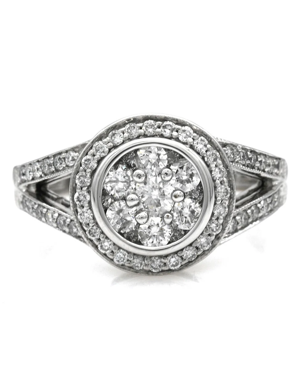 Diamond Cluster Halo Split Shank Ring in White Gold - Image 2
