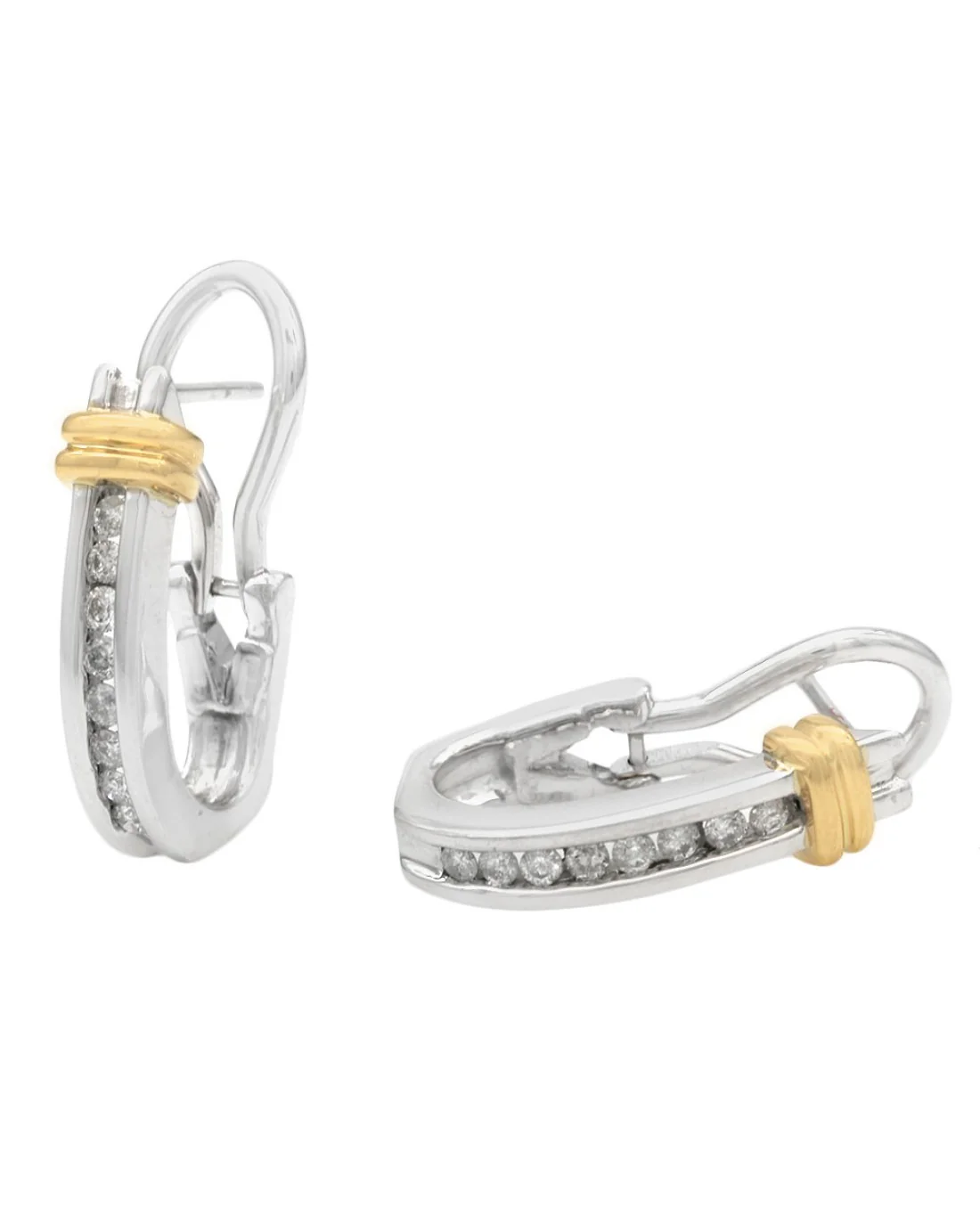 Diamond Fluted Accent Half Hoop Earrings in White and Yellow Gold - Image 2