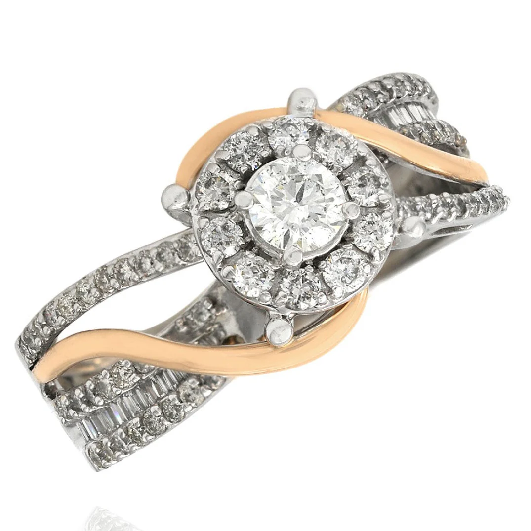 14K White and Rose Gold Diamond Halo Bypass Crossover Ring