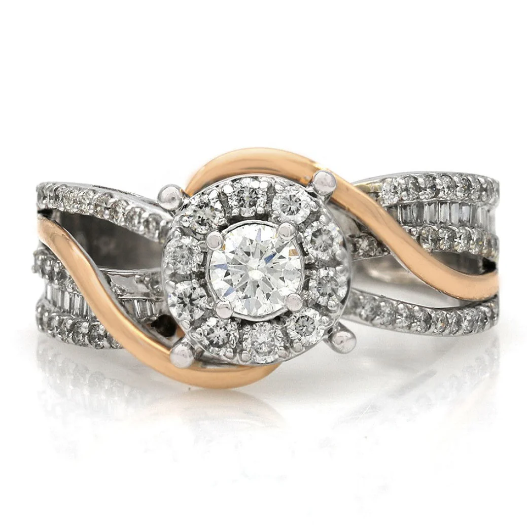 14K White and Rose Gold Diamond Halo Bypass Crossover Ring - Image 2