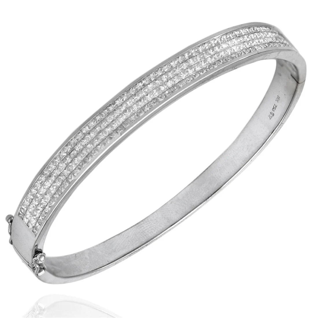 18K White Gold Invisible Set Princess Cut Diamond Hinged Bangle Bracelet