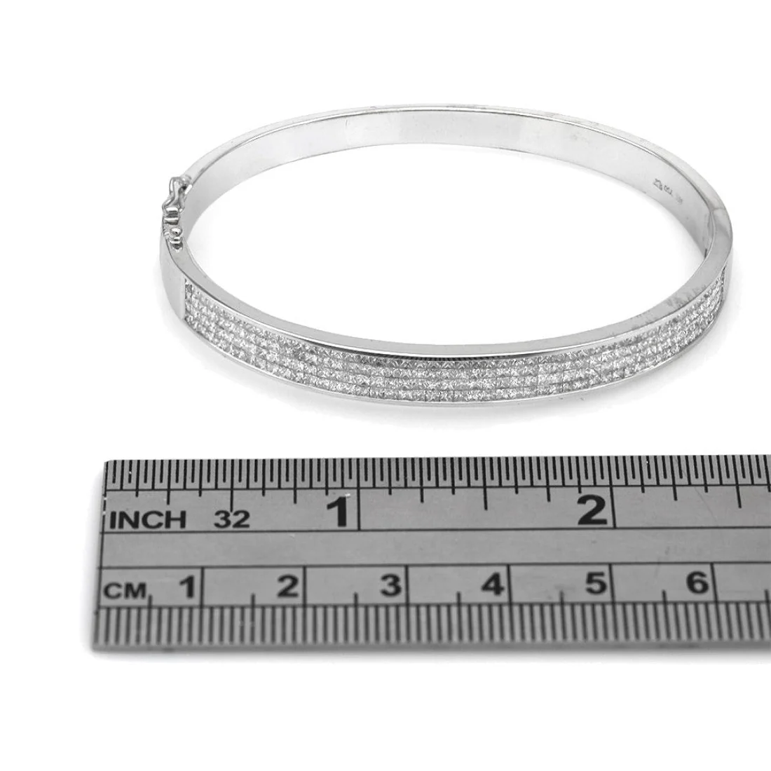 18K White Gold Invisible Set Princess Cut Diamond Hinged Bangle Bracelet - Image 3