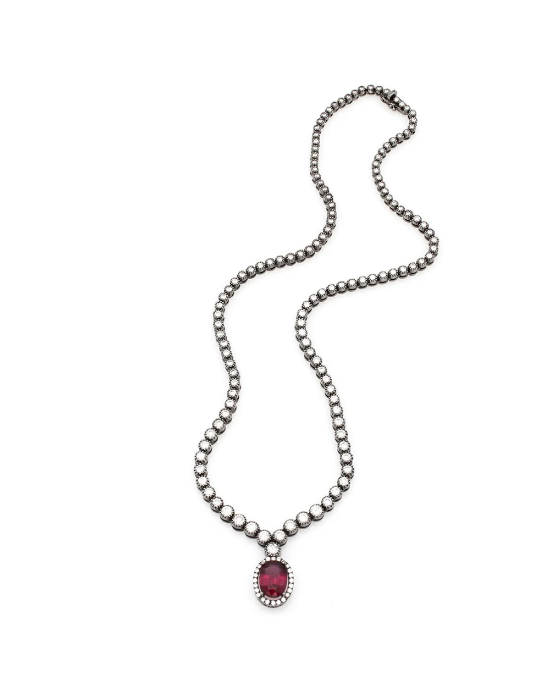 Diamond Inline Necklace with Diamond Halo and Rubellite Oval in 18k White Gold - Image 2