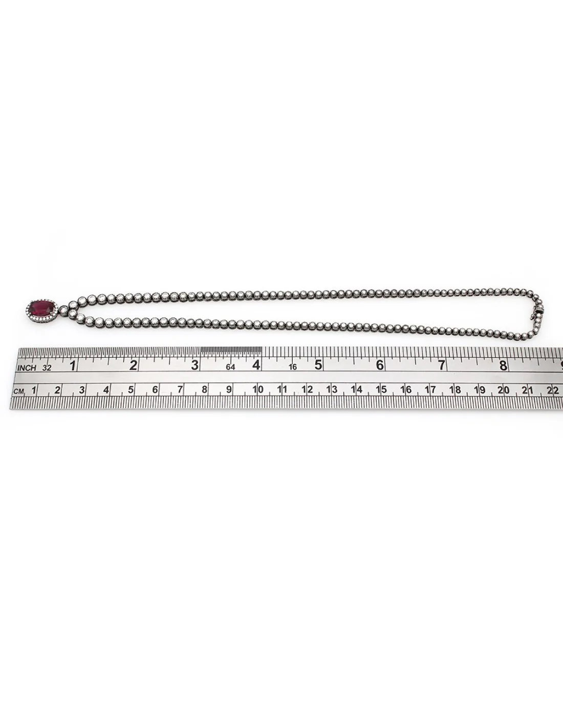 Diamond Inline Necklace with Diamond Halo and Rubellite Oval in 18k White Gold - Image 4