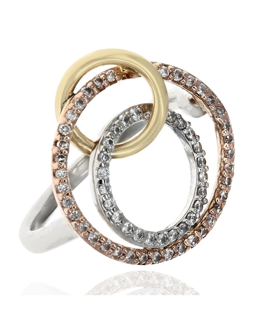 Diamond Interlocking Circle Ring in Tri Color Gold