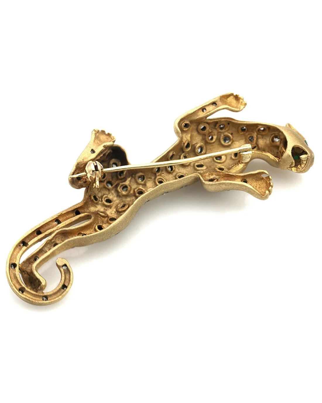 Diamond Leopard Brooch with Emerald Eyes - Image 2
