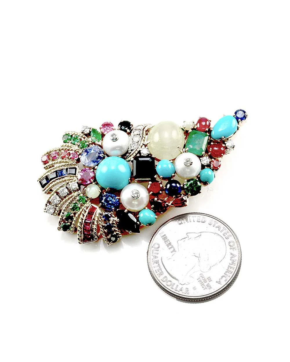 Diamond & Multi-Gem Paisley Cornucopia Brooch in 14K Yellow Gold - Image 3