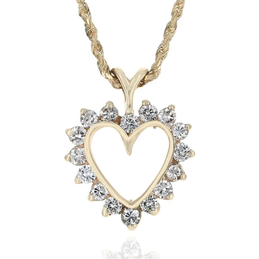 14K Yellow Gold Diamond Open Heart Drop Necklace