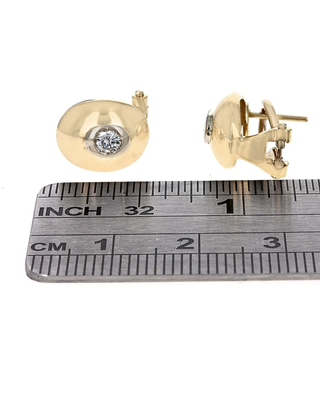 Diamond Oval Stud Earrings in White and Yellow Gold - Image 3