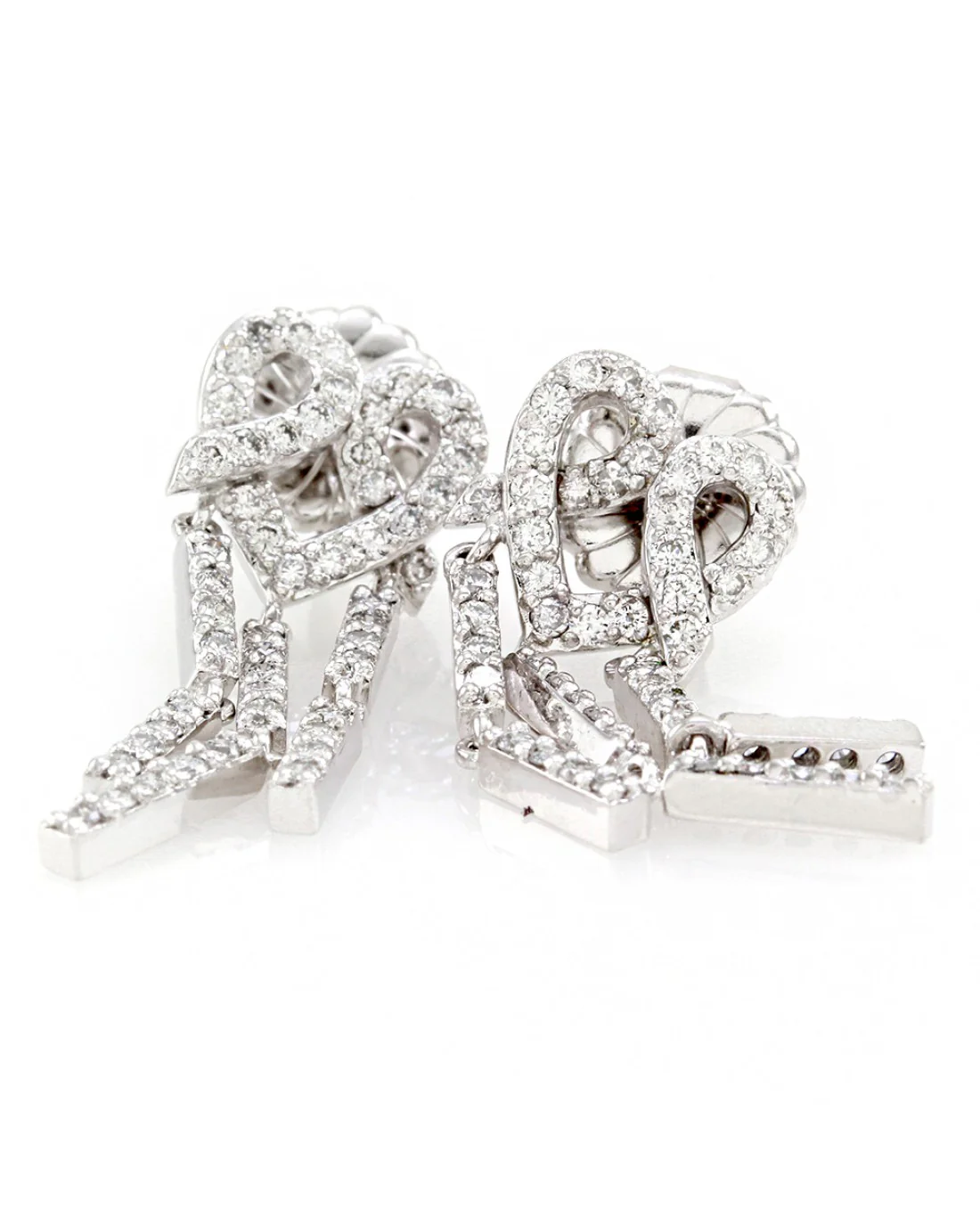 Diamond Pave Heart Dangle Earrings in 18K White Gold - Image 2