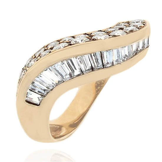 14K Yellow Gold Baguette & Round Diamond Wave Ring