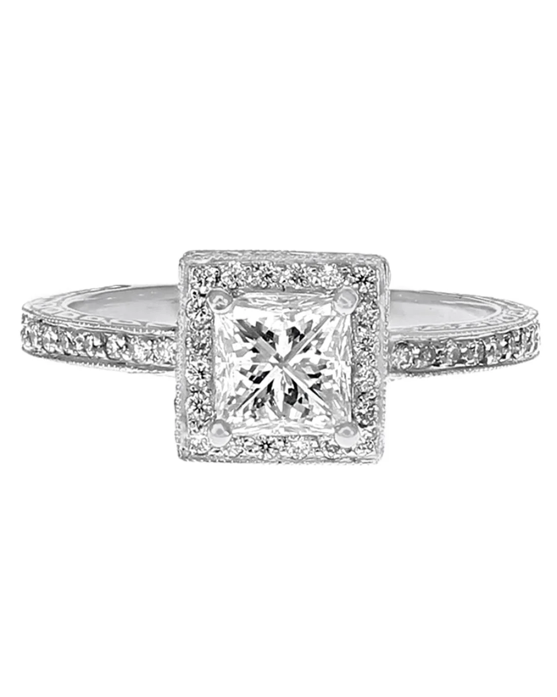 Diamond Square Halo Milgrain Accent Engagement Ring in Platinum - Image 2