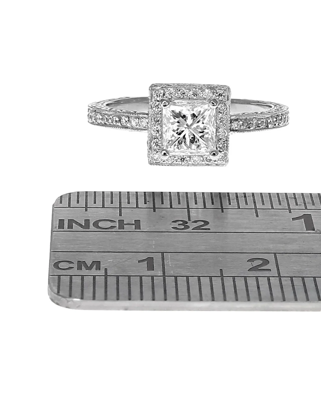 Diamond Square Halo Milgrain Accent Engagement Ring in Platinum - Image 3