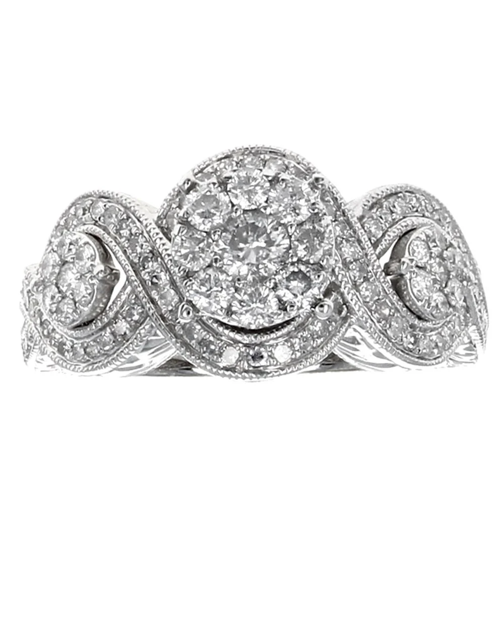 Diamond Triple Cluster Crossover Milgrain Engagement Ring in White Gold - Image 2