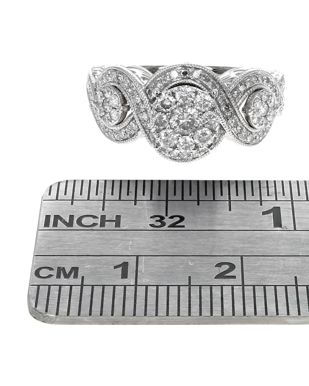 Diamond Triple Cluster Crossover Milgrain Engagement Ring in White Gold - Image 3