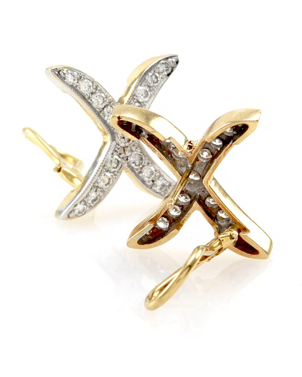 Diamond 'X' Earrings with Milgrain Accent in White and Yellow Gold - Image 2