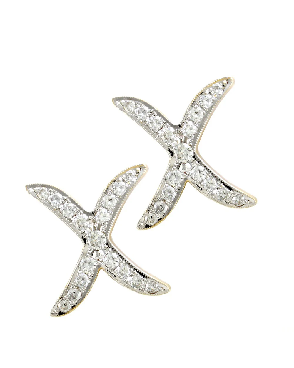 Diamond 'X' Earrings with Milgrain Accent in White and Yellow Gold - Image 4
