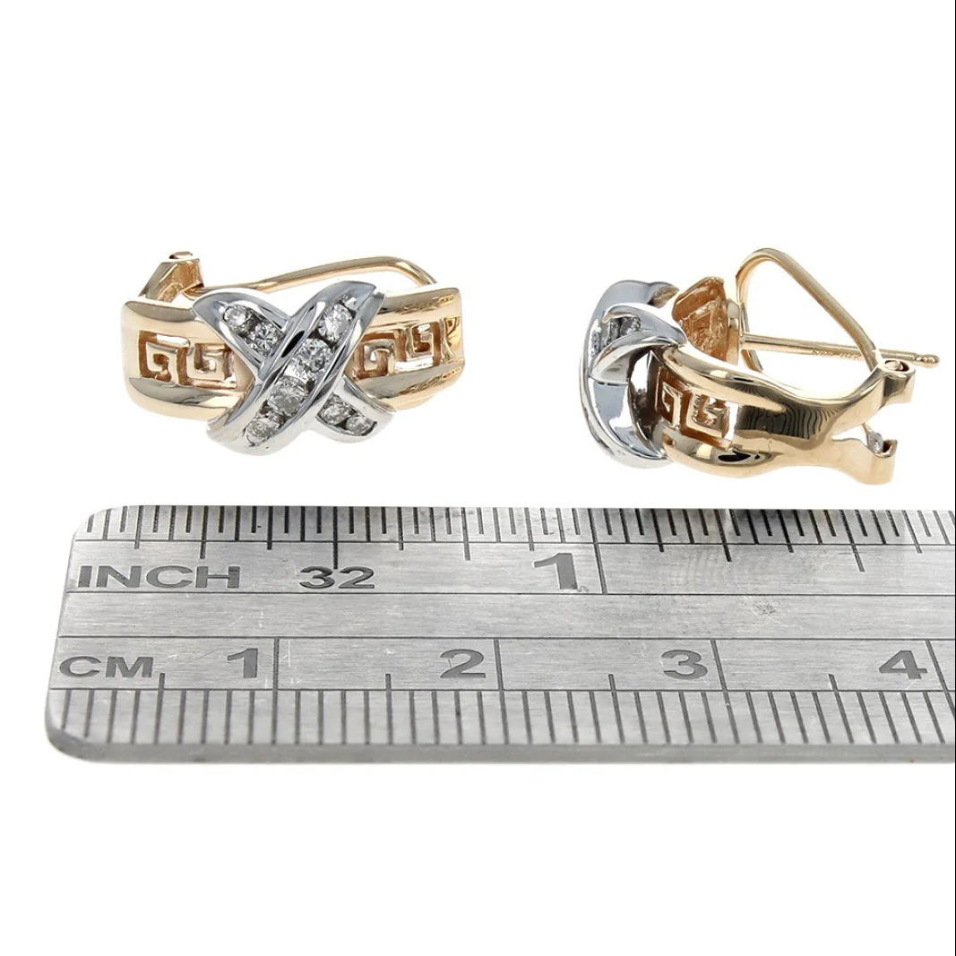 14K White and Yellow Gold Diamond X Greek Key Accent Earrings - Image 3