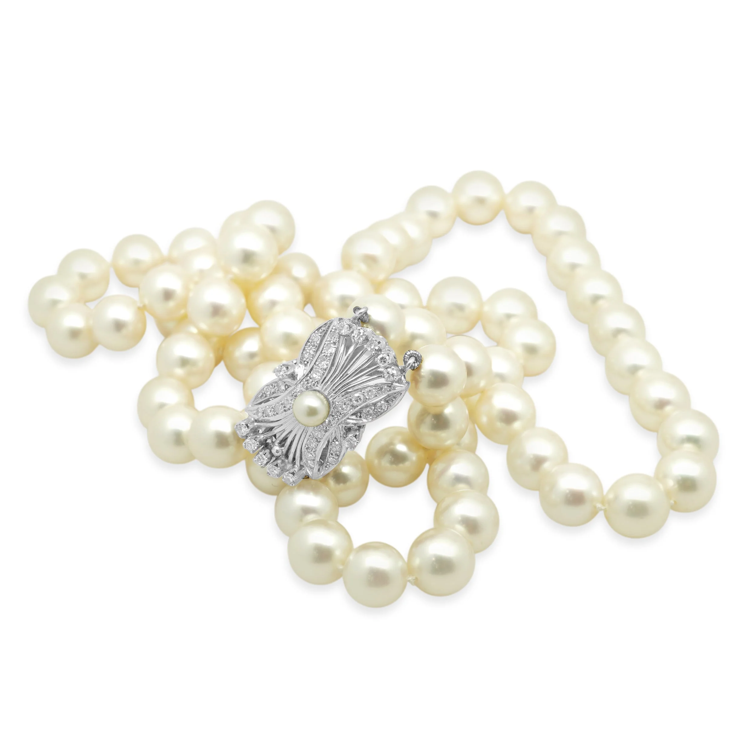 Double Strand Cultured Pearl Necklace with Platinum Diamond Clasp 15.25" - Image 2