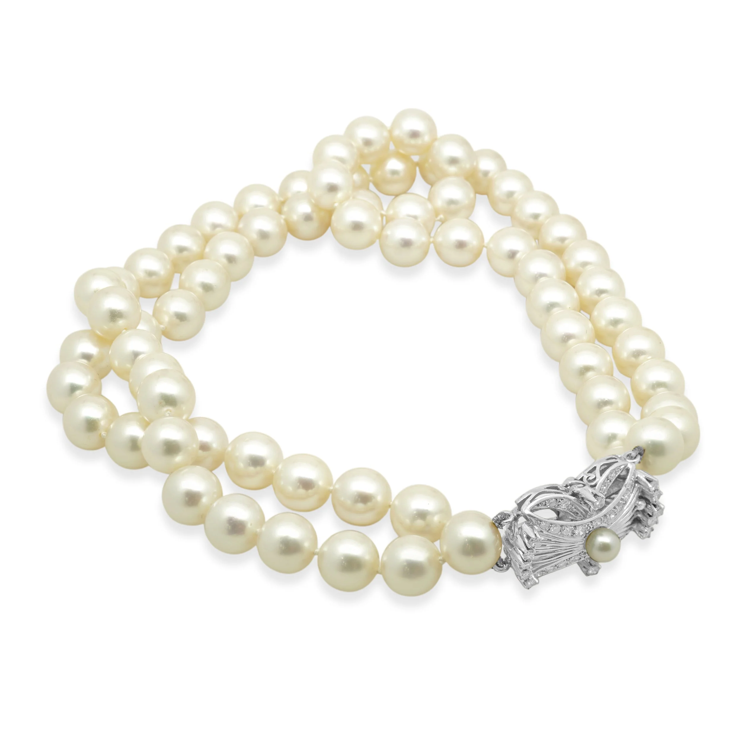 Double Strand Cultured Pearl Necklace with Platinum Diamond Clasp 15.25" - Image 3