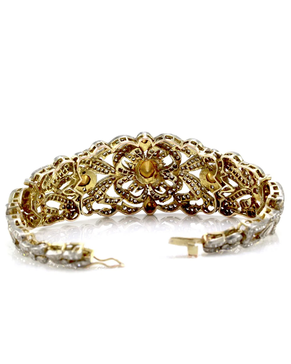 Edwardian Rose & Single Cut Diamond Bracelet in 14K Yellow Gold & Silver - Image 4