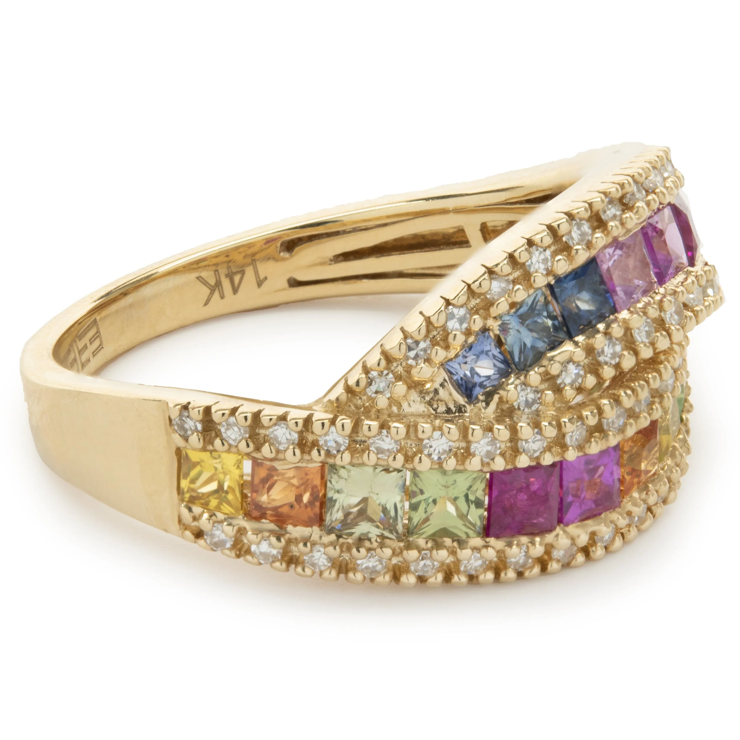 Effy 14 Karat Yellow Gold Multi Colored Sapphire and Diamond Crossover Band - Image 2