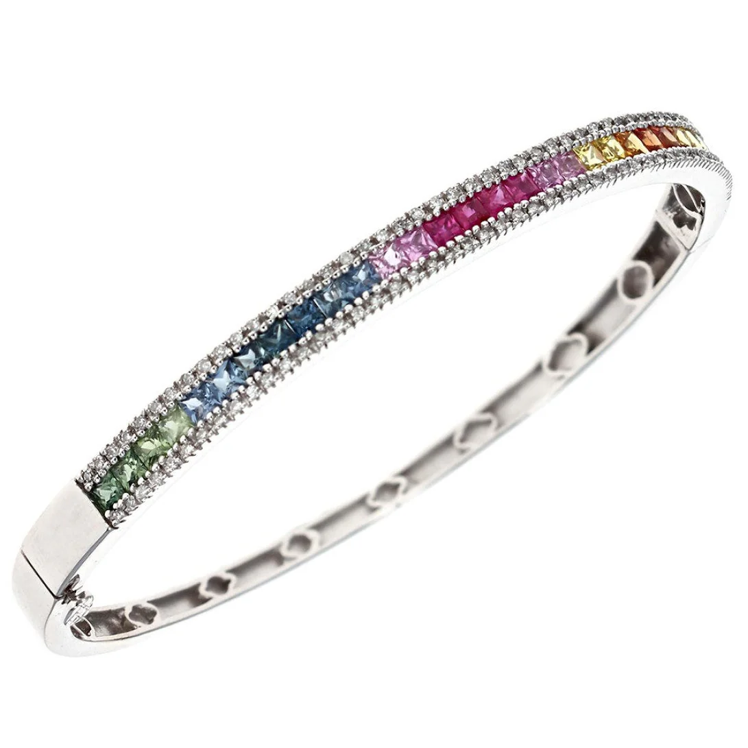 Effy 14K White Gold Watercolors Multi-color Sapphire and Diamond Bangle Bracelet